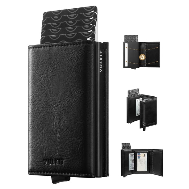 Cartera VULKIT desplegable de piel con bloqueo RFID, negra