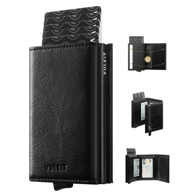 Cartera VULKIT desplegable de piel con bloqueo RFID, negra