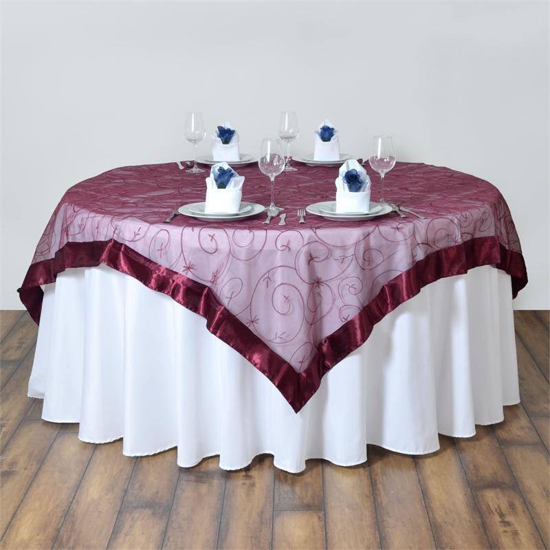 Efavormart Burgundy Organza Embroidered Square Tablecloth Overlay 85x85 Square Tablecloth Cover