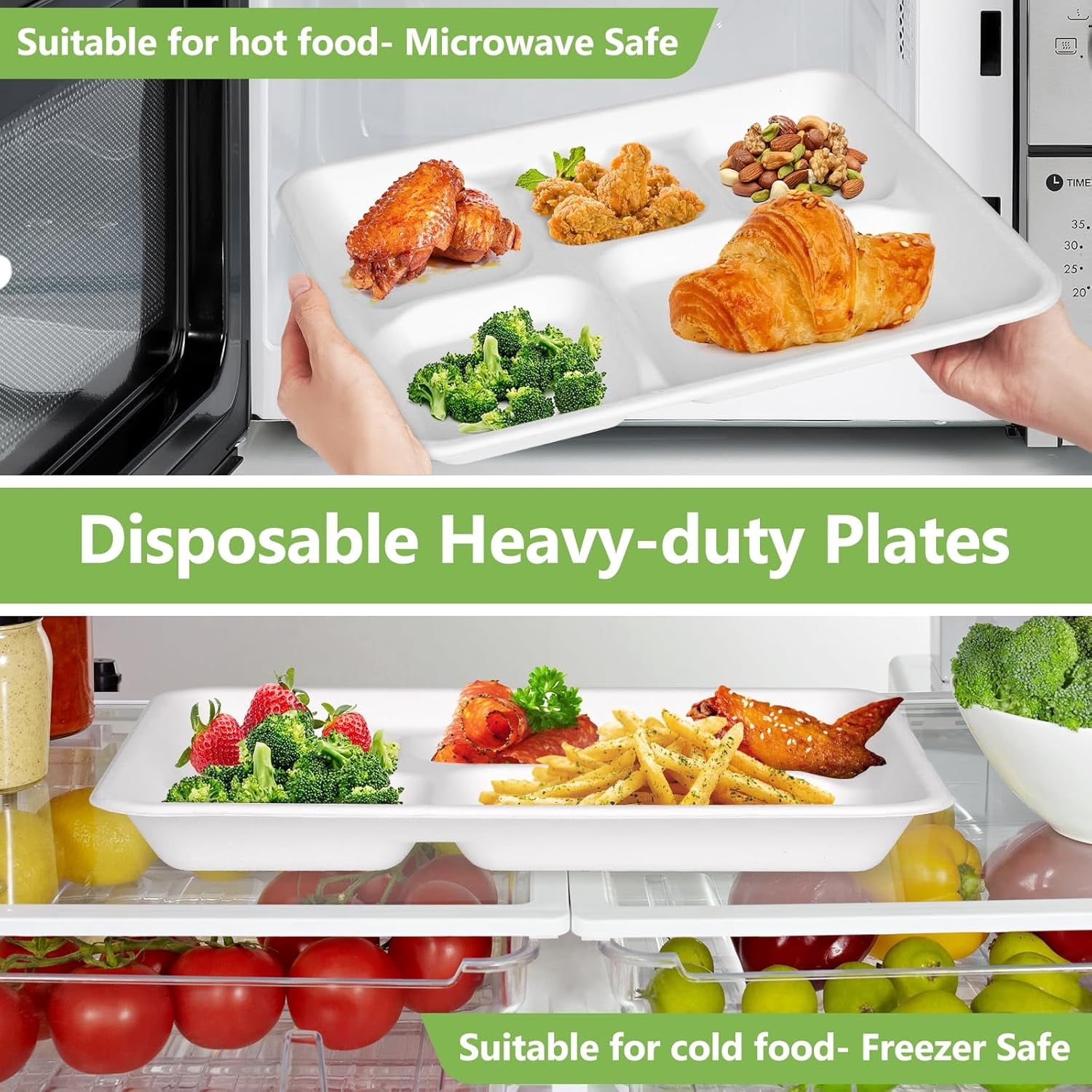 Compostable 5 Compartment Plates Disposable, 10.25 x 8.25 inch, [50-Pack] Heavy Duty Paper Plates with dividers, Sturdy School Lunch Trays, White Paper Dinner Plates for Kids Buffet Party