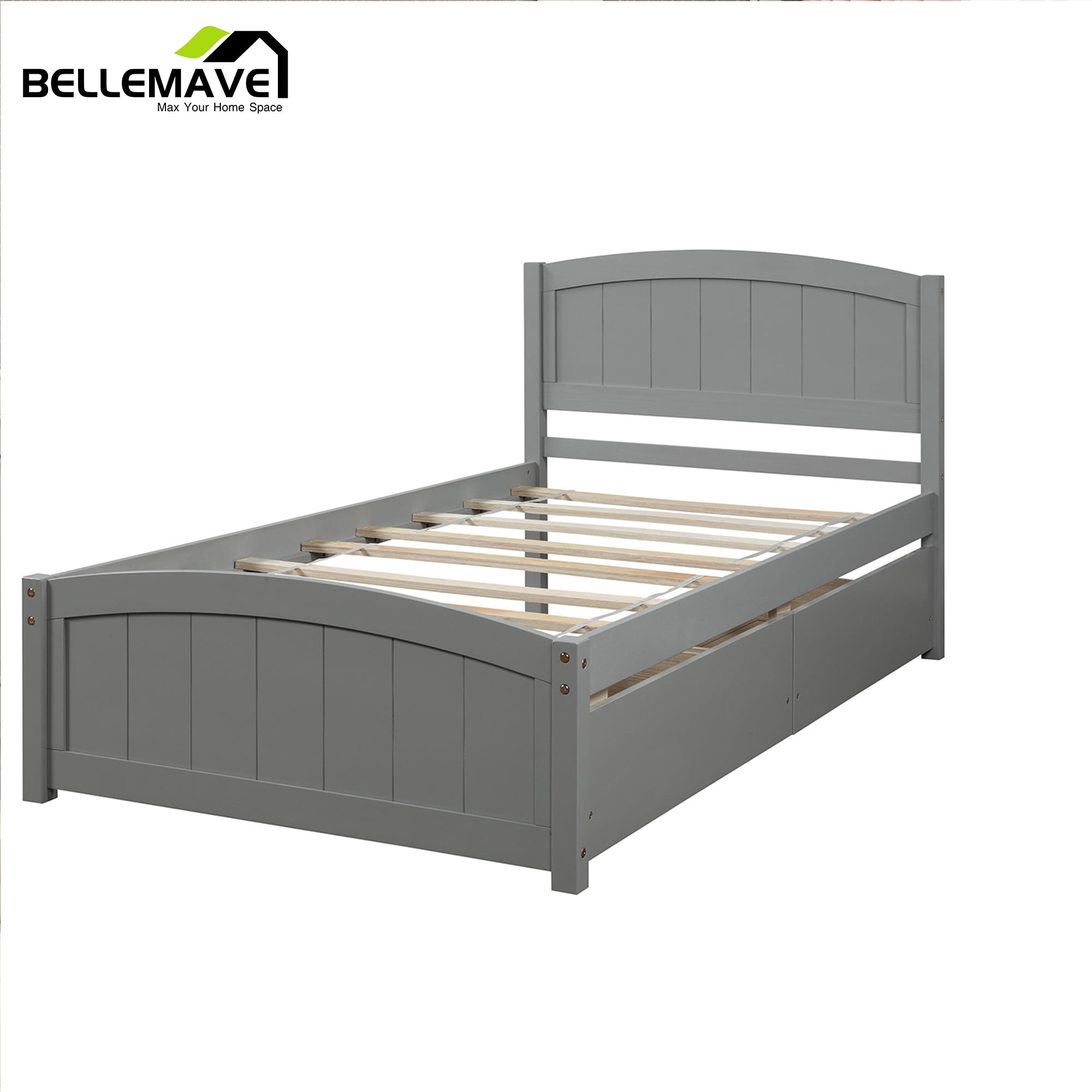 Twin Platform Bed Frame with Storage Drawer, Twin Bed Frames with Headboard and Slats, Twin Size Platform Bed Frame(Gray)