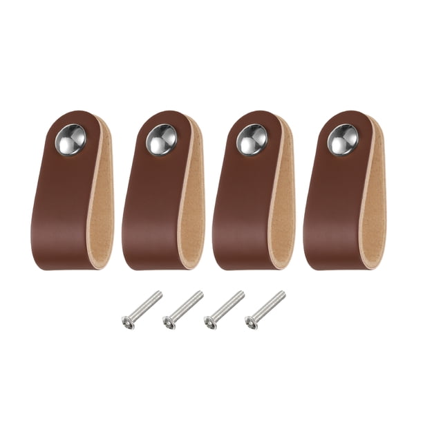 Uxcell 4 Packs Tiradores de Cajón de Cuero con Tornillos para Cajones, Marrón/Plata