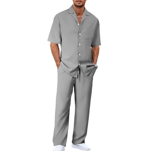 Lumtrix Men Summer Casual Short Sleeve Sets Solid Button Down Lapel Shirt Loose Elastic Pants with Pockets 2 Piece Outfits Beach Tracksuit Light Gray 2XL