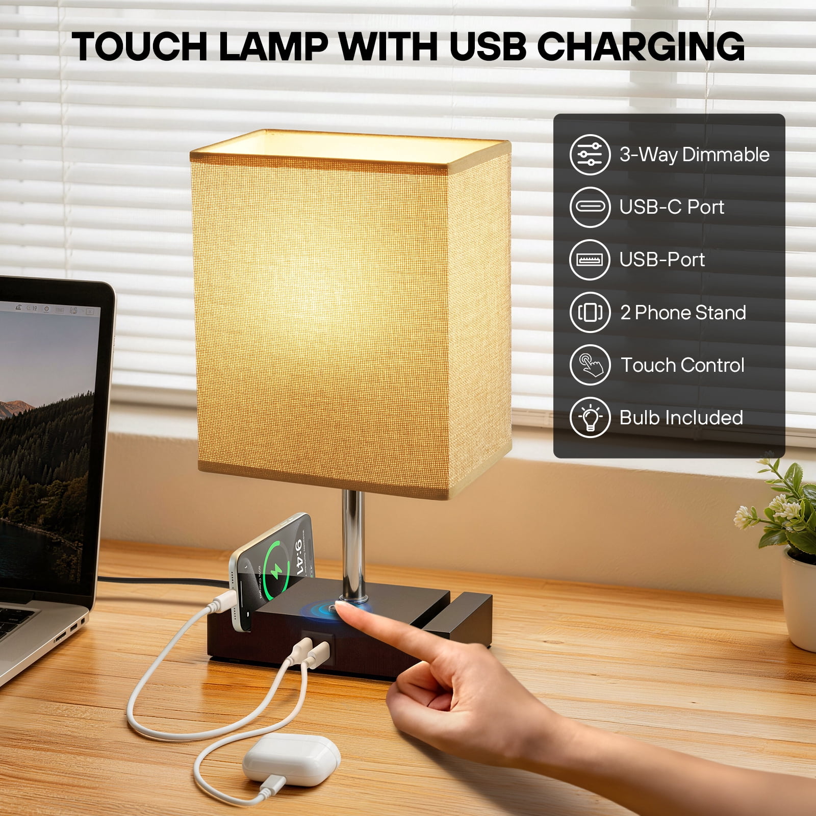 Table Lamp for Bedroom, 15.4" Two Fast USB Charging Ports Touch Desk Lamp for Living Room Dorm Home Office
