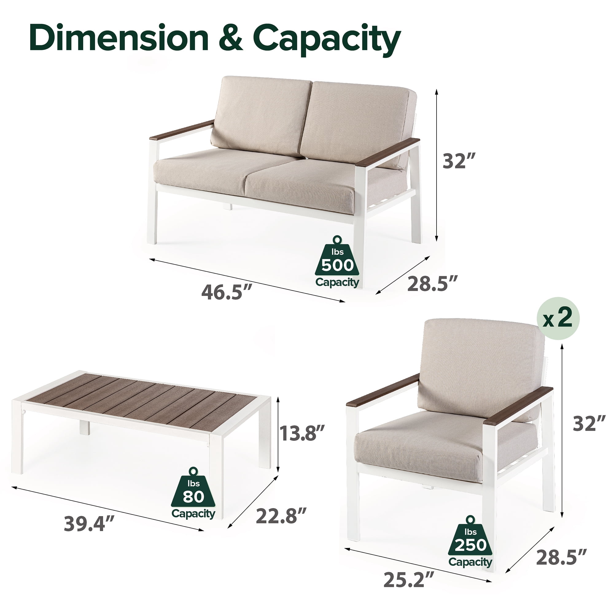 Zinus Dillon Aluminum and Poly Lumber Outdoor 4 Piece Conversation Set, White