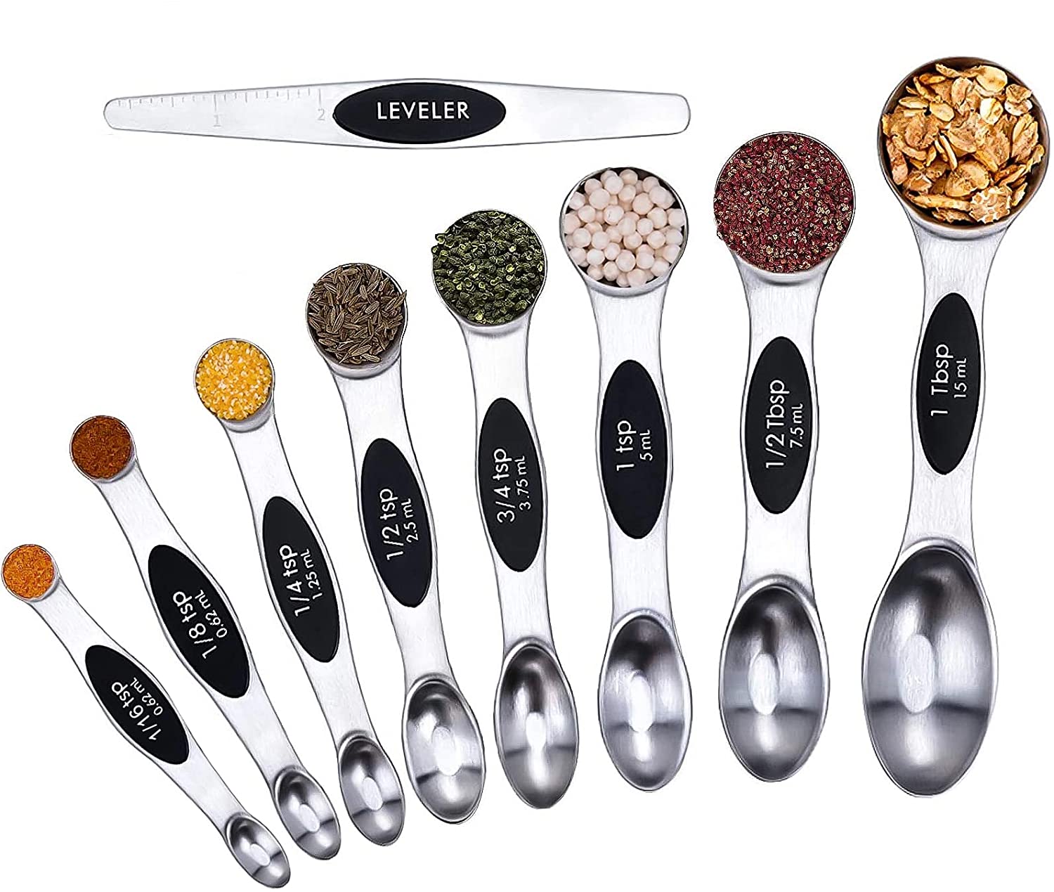 Magnetic Measuring Spoons Set Stainless Steel Dual Sided Stackable Teaspoon  for Measuring Dry and Liquid Ingredients, Fits in Spice Jars Set of 8,  Black - Walmart.com