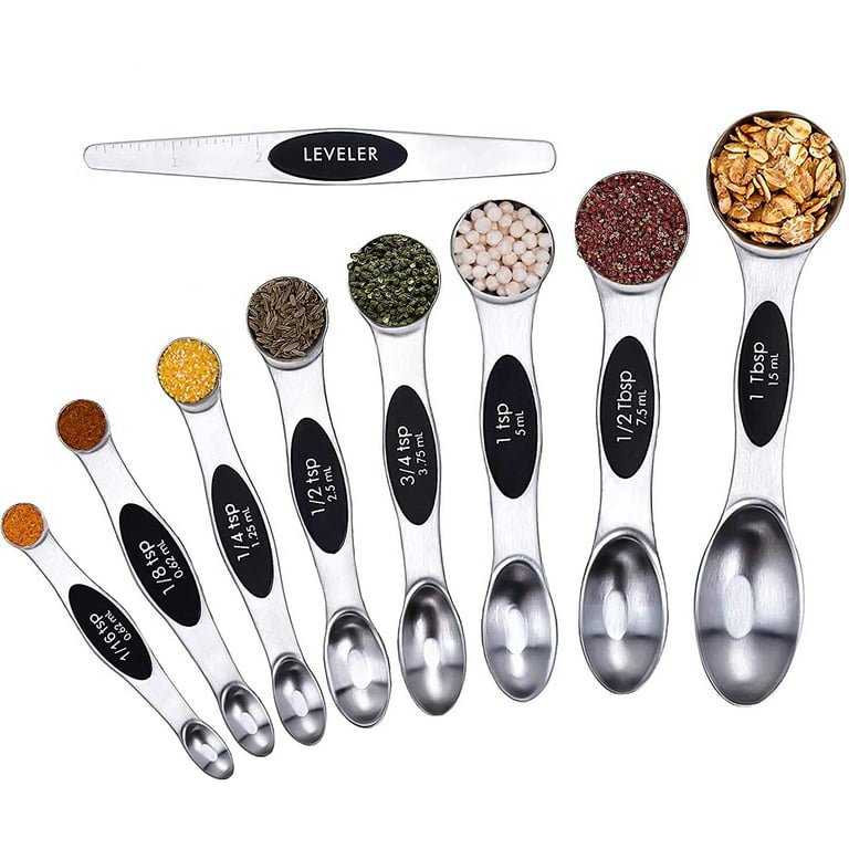 Magnetic Measuring Spoons Set Stainless Steel Dual Sided Stackable Teaspoon  for Measuring Dry and Liquid Ingredients, Fits in Spice Jars Set of 8,  Black 