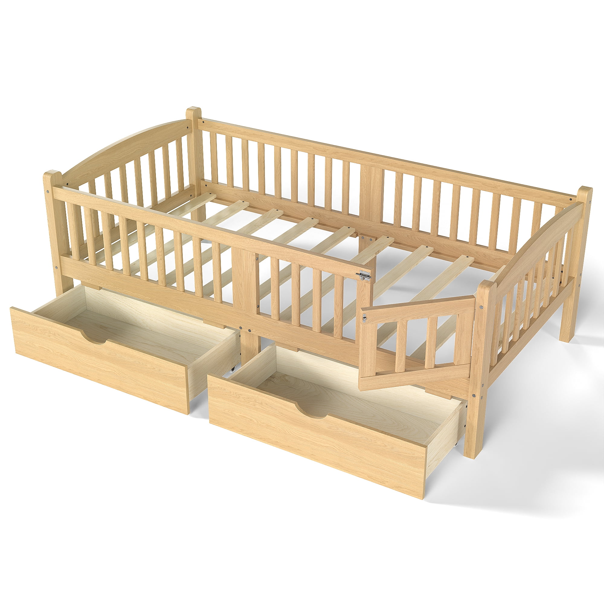 Miniyam Twin Platform Bed with Guardrails and Storage Drawers for Kids, Safe and Sturdy Bed for Children, Natural