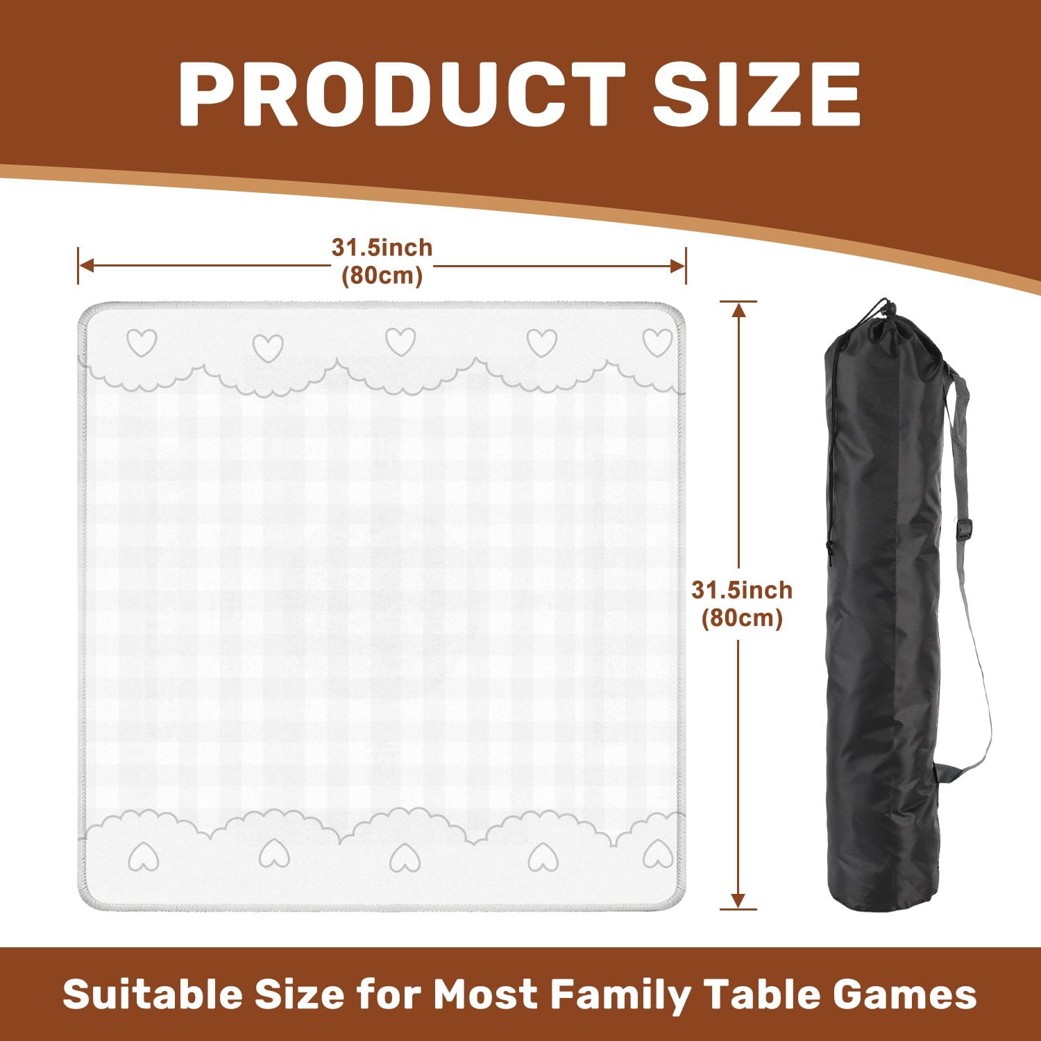 Mahjong Mat 31.5" x 31.5" Cute Heart Lace Border Soft Gingham Light Gray Non-Slip Noise Reduction American Mahjong Tiles Table Cover for Dominoes Poker Card Board Games Gift