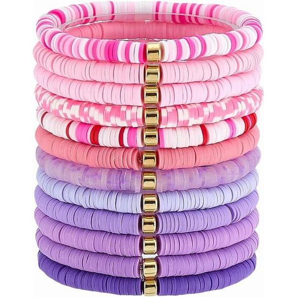 12 pulseras de cuentas de arcilla Heishi de surfista, pulsera de cuentas apilables de arcilla polimérica, pulsera elástica de la amistad