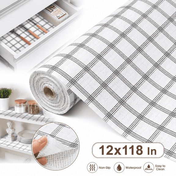 12 X 118 In Drawer and Shelf Liner, Non-Slip Kitchen Cabinet Liners Non-Adhesive Thick Strong Grip Waterproof Washable Mats Protect Dresser Shelves Cupboard Bathroom Cabinets, White Stripes