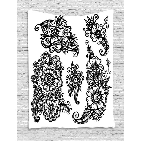 Henna Tapestry, Hand Drawn Style Vintage Mehndi Compositions Blossoming Flowers Retro Fun Design, Wall Hanging for Bedroom Living Room Dorm Decor, 40W X 60L Inches, Black White, by (Best Bridal Mehndi Designs For Hands)