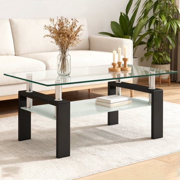 QJTC Rectangle Glass Coffee Table with Storage Shelf, Clear Coffee Table with Black Metal Legs for Living Room