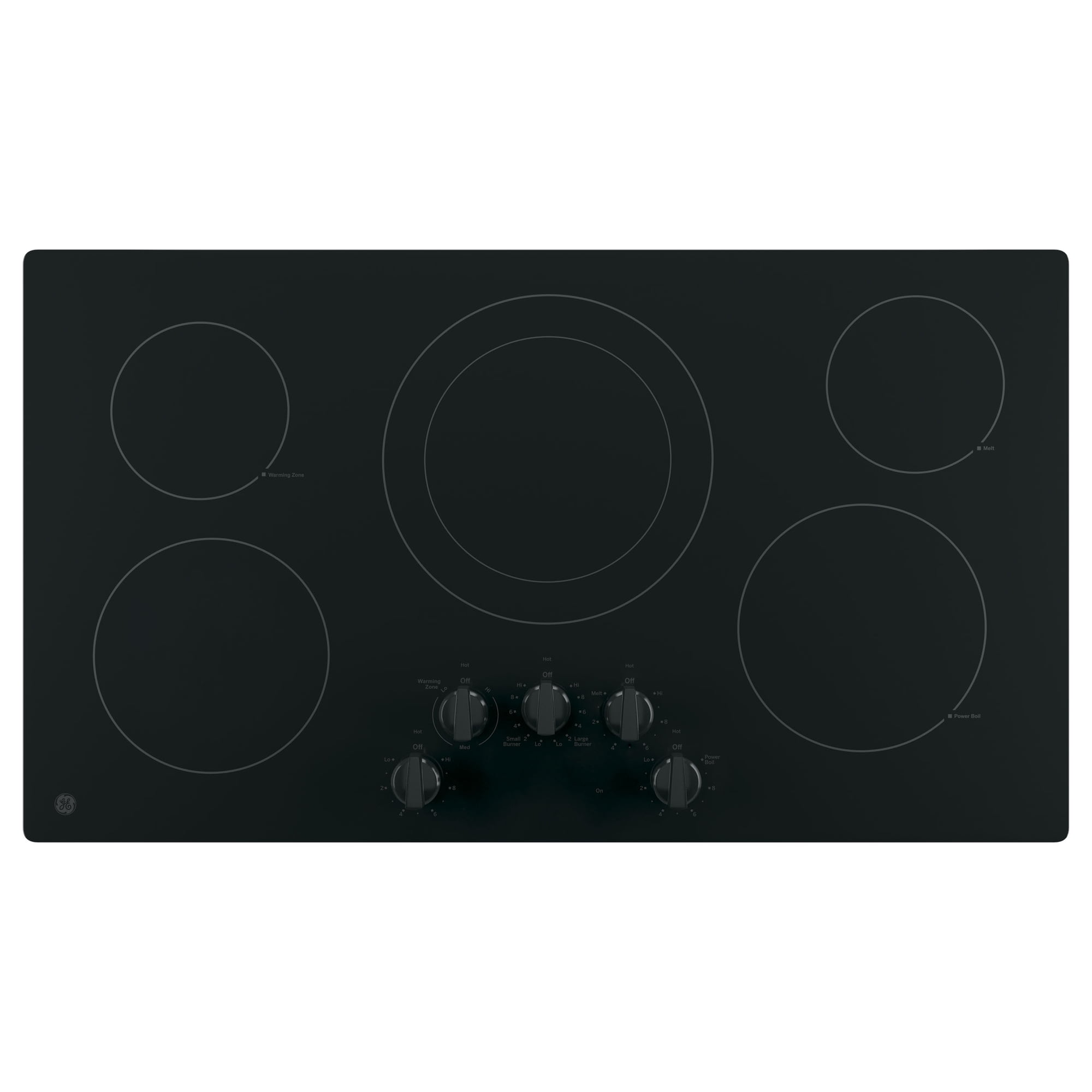 GEÂ® 36\" Built-In Knob Control Elec Cooktop 5 radiant elements, Power Boil Dual-Ring model JP3036DLBB