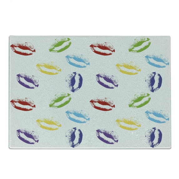 Colorful Cutting Board, Make up Cosmetics Theme Lipstick Colored Lips Kisses Seductive Feminine Art, Decorative Tempered Glass Cutting and Serving Board, Small Size, Multicolor, by Ambesonne