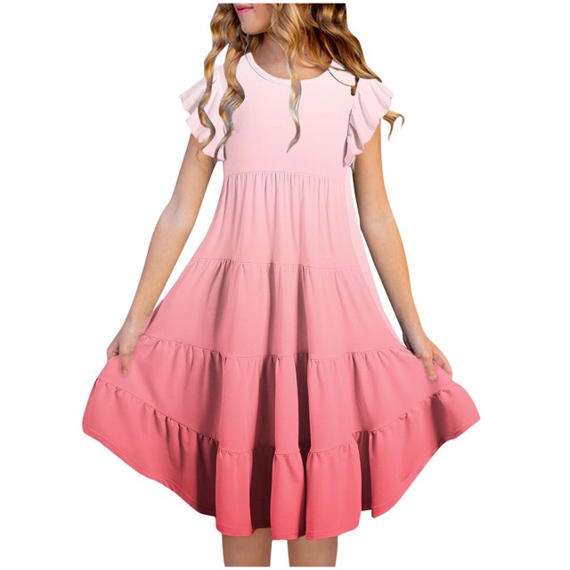 yoeyez Robes pour Enfants Filles 4-16 Fête Enfants Manches Volantées Robe Maxi à Volants Imprimé Dégradé Col Ras du Cou Robes Soleil Robe de Fête d'Anniversaire pour Enfant Rouge Melon D\'eau,14 Ans