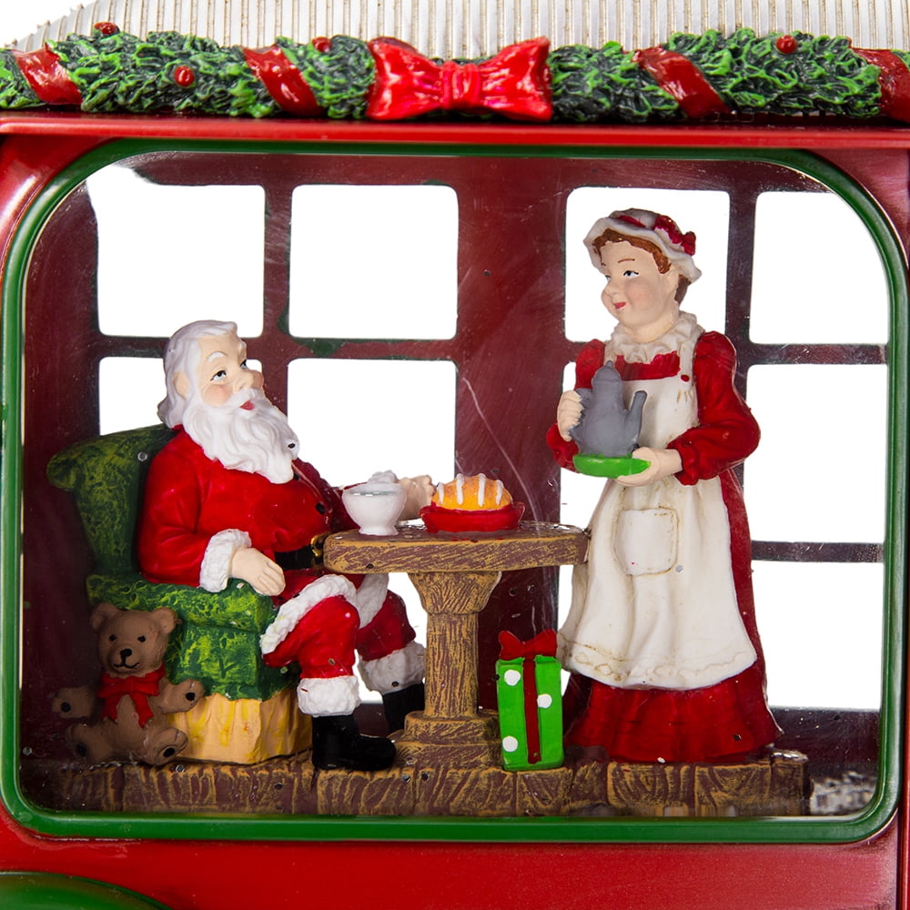 Christmas Resin Camper With Mr & Mrs Santa Tea Time Led/Water Spinning/2 Way Switch, 3*AA Required, 11.3"x4.4"x8"H