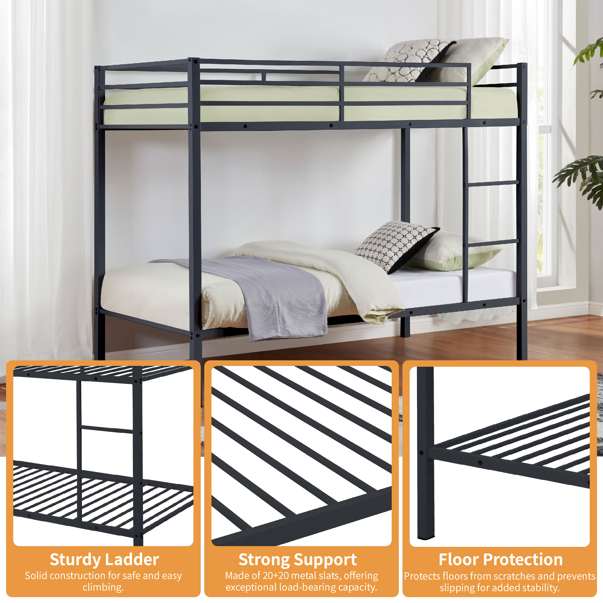 Aukfa Metal Bunk Bed Twin Over Twin, High Guardrail and Metal Slats, Space-Saving Bed Frame for Kids Teens, Black