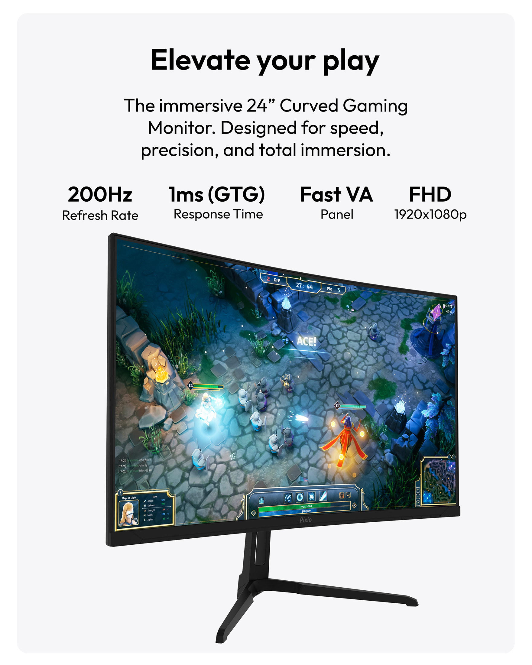 Pixio PXC248 Wave 24 inch 200Hz Refresh Rate FHD 1080p Resolution 1500R Curve Fast VA Panel 1ms GTG Response Time Adaptive Sync HDR Curved Gaming Monitor