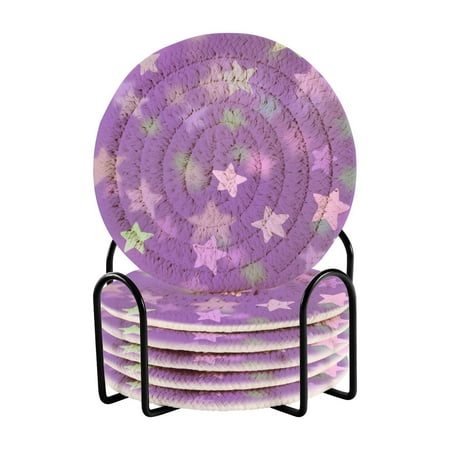 

6 Pcs Drink Coasters with Holder Absorbent Coasters Minimalist Home Decor Coaster Set Stylish Handmade Round Woven Coaster for Drinks Table Desk Protection Purple Stars Pastel Colors