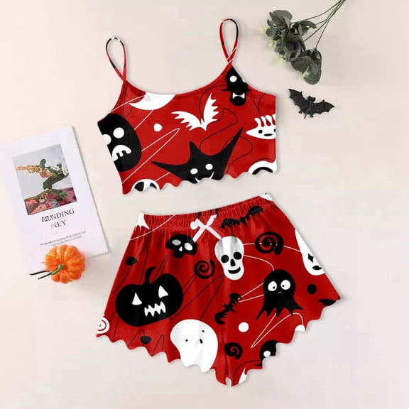 Women's Halloween Cute Ghost Print Pajama Set Cami Top Elastic Waist Shorts 2-Piece Nightwear Set Funny Skeleton Sleepwear