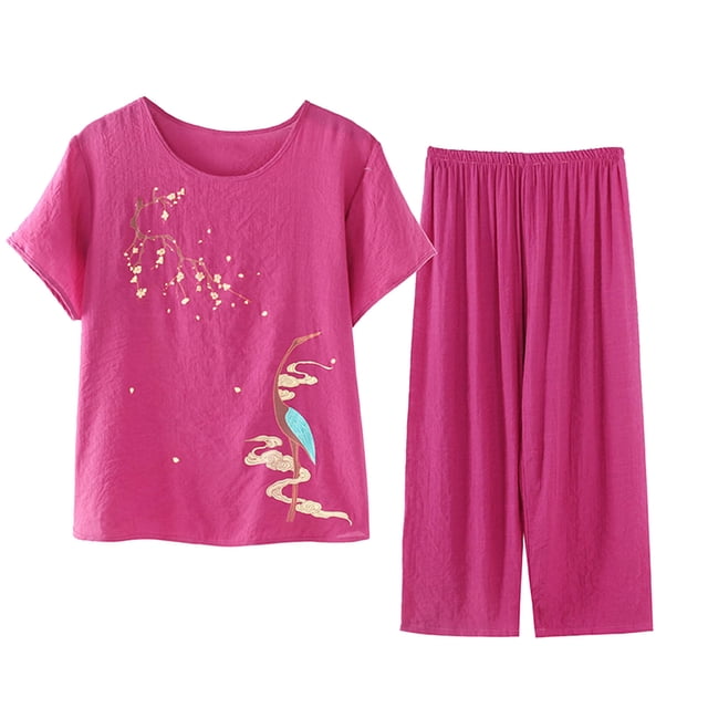 Birdeem Blouses pour Femmes Ensemble Estival Décontracté Imprimé à Manches Courtes Col Rond Haut Pantalon Tailleur Mince Usé Extérieur Tenue d'Intérieur