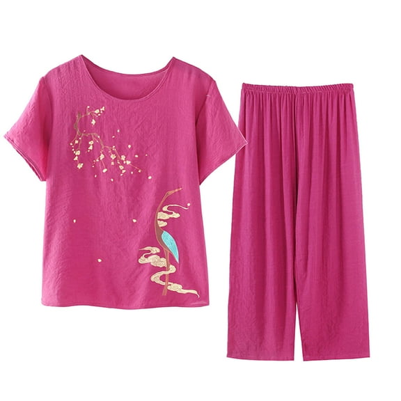 Lovskoo Cotton Linen Set for Women Summer Casual Solid Set Printed Short Sleeve Round Neck Top Pants Suit Thin Weared Outer Home Suit Purple