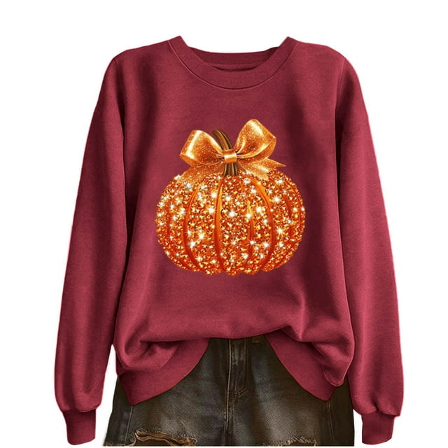 Lcziwo Halloween Chandails Molletonnés pour Femmes, Chandail à Enfiler à Manches Longues à Col Rond avec Imprimé Citrouille à Paillettes, Hauts, Tenues Mode d'Action de Grâce Automne Hiver 2025, Bourgogne, m