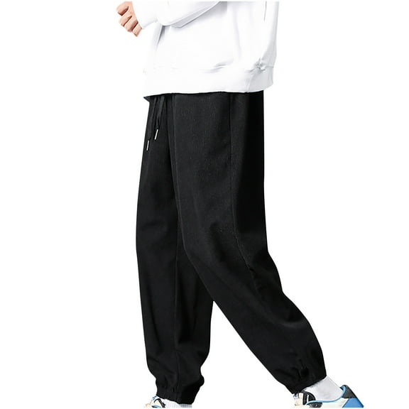 Hzgobj Men's Corduroy Pants Elastic Waist Drawstring Harem Pants Fashion Loose Casual Long Trousers with Pockets Outdoor Casual Loose Wide Straight Leg Pants Trousers