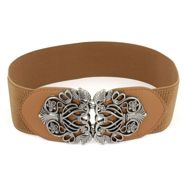Banda de cinturón de cincha de cintura elástica con hebilla de metal tejida con nudo Tono marrón-plateado Foral Buckle