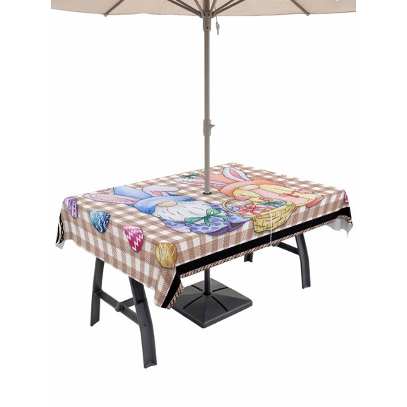 Outdoor Tablecloth with Umbrella Hole and Zipper, Bunny Gnomes Easter Rectangle Table Cloth 60x84 Inch Waterproof Tablecloth, Eggs Brown Checkered Farmhouse Picnic Table Cover for Patio Camping
