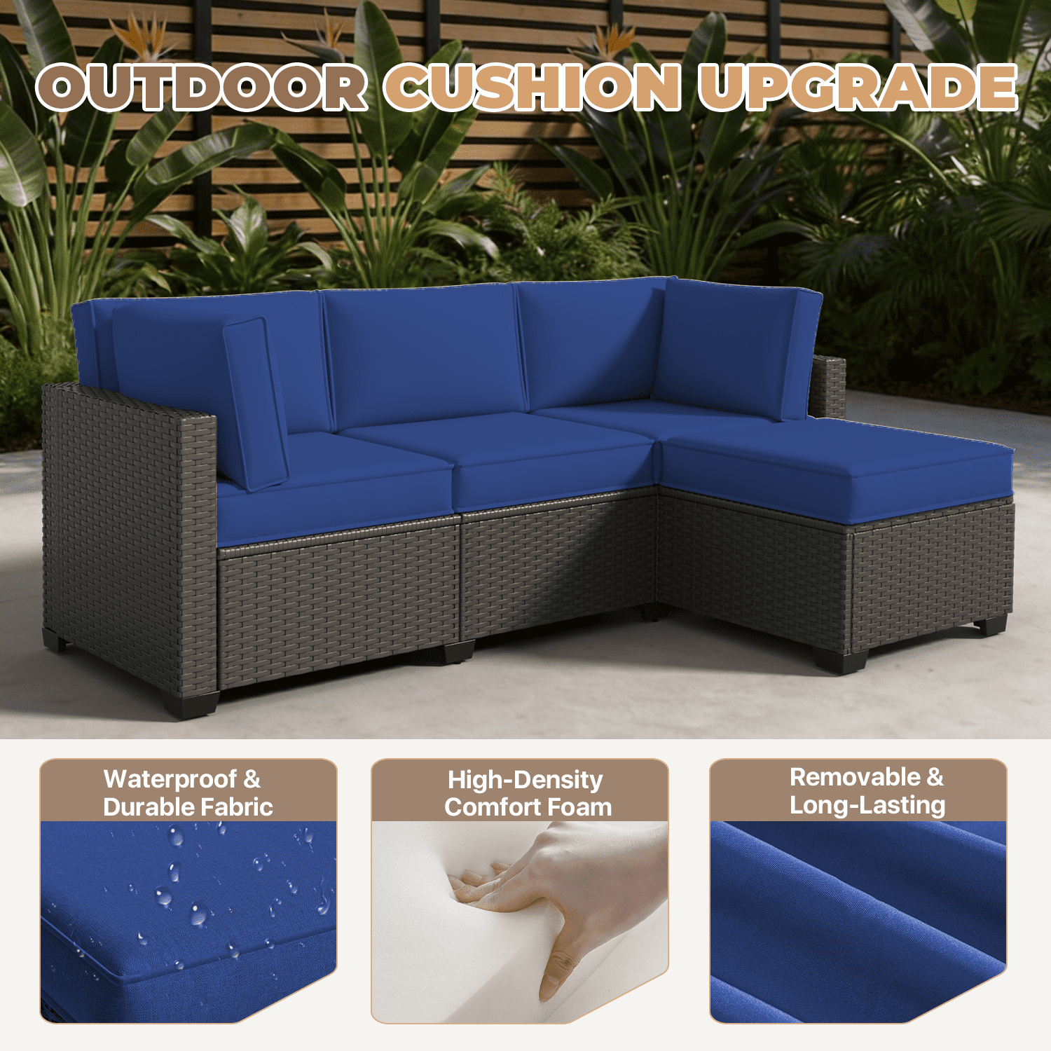 BaPiPro 4-Person Navy Blue Outdoor Sectional Sofa Cushions, Waterproof Polyester Patio Cushions with High-Density Sponge & Side Pillows, No Assembly for Backyard, Balcony, Deck & Poolside