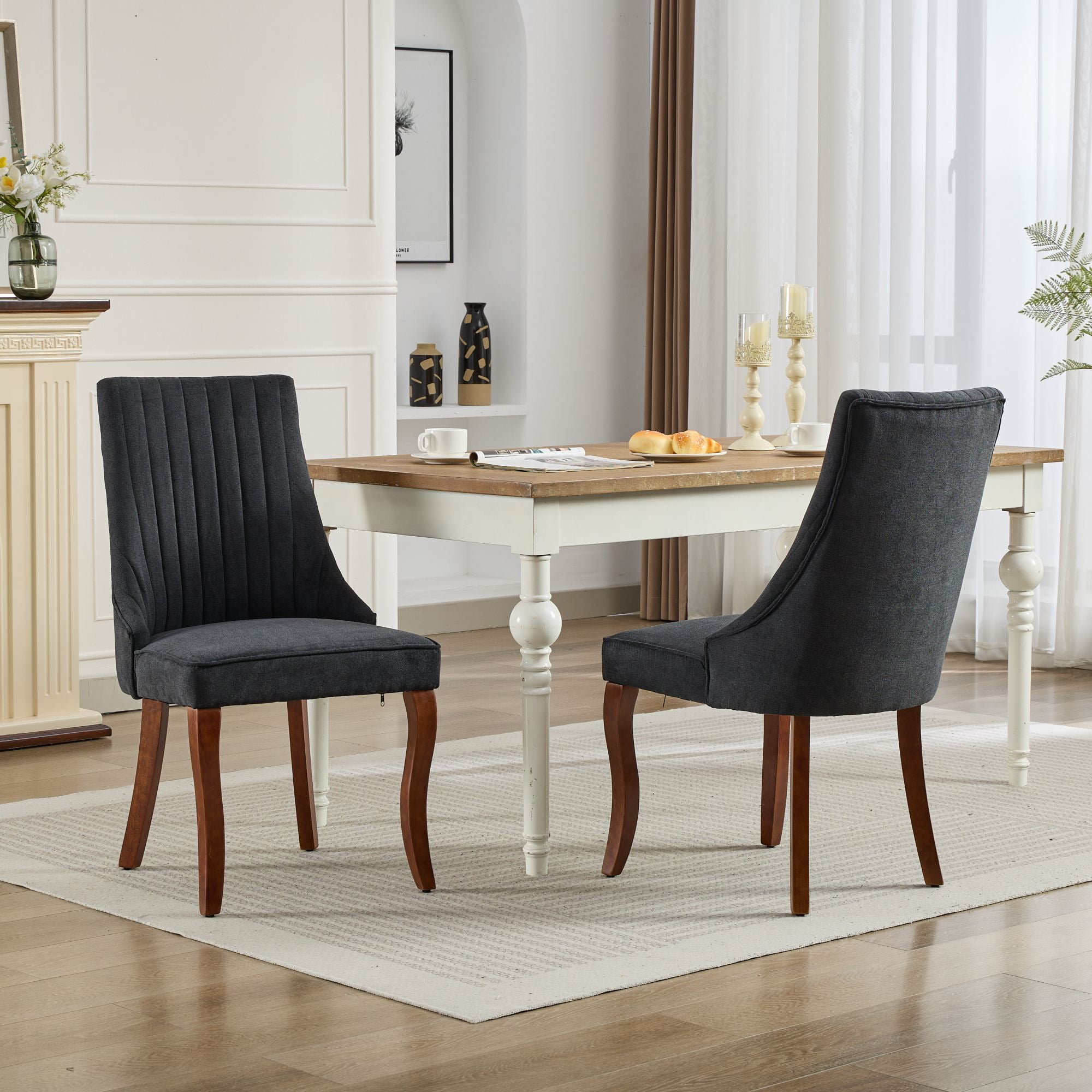 MAYEERTY Rayon Flocking Linen Dining Chairs - Channel Tufting, Curved Solid Wood Legs, Black, Set of 2