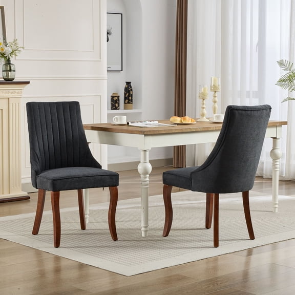 Nmkwnr Pack of 2 Comfy Fabric Linen Dining Chair with Wood Legs, Upholstered Accent Chair Side Chair for Dining Room, Living Room, Black