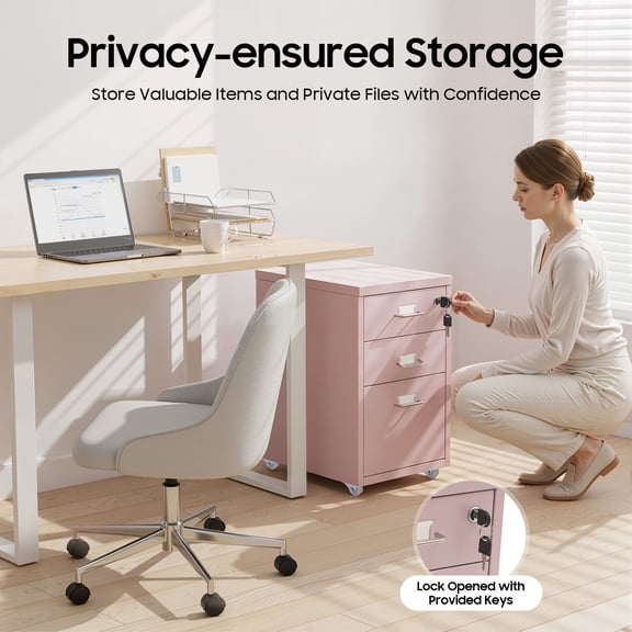 Vertical File Cabinet, Metal Mobile File Cabinet with Lock, Filing Cabinet Under Desk Pink