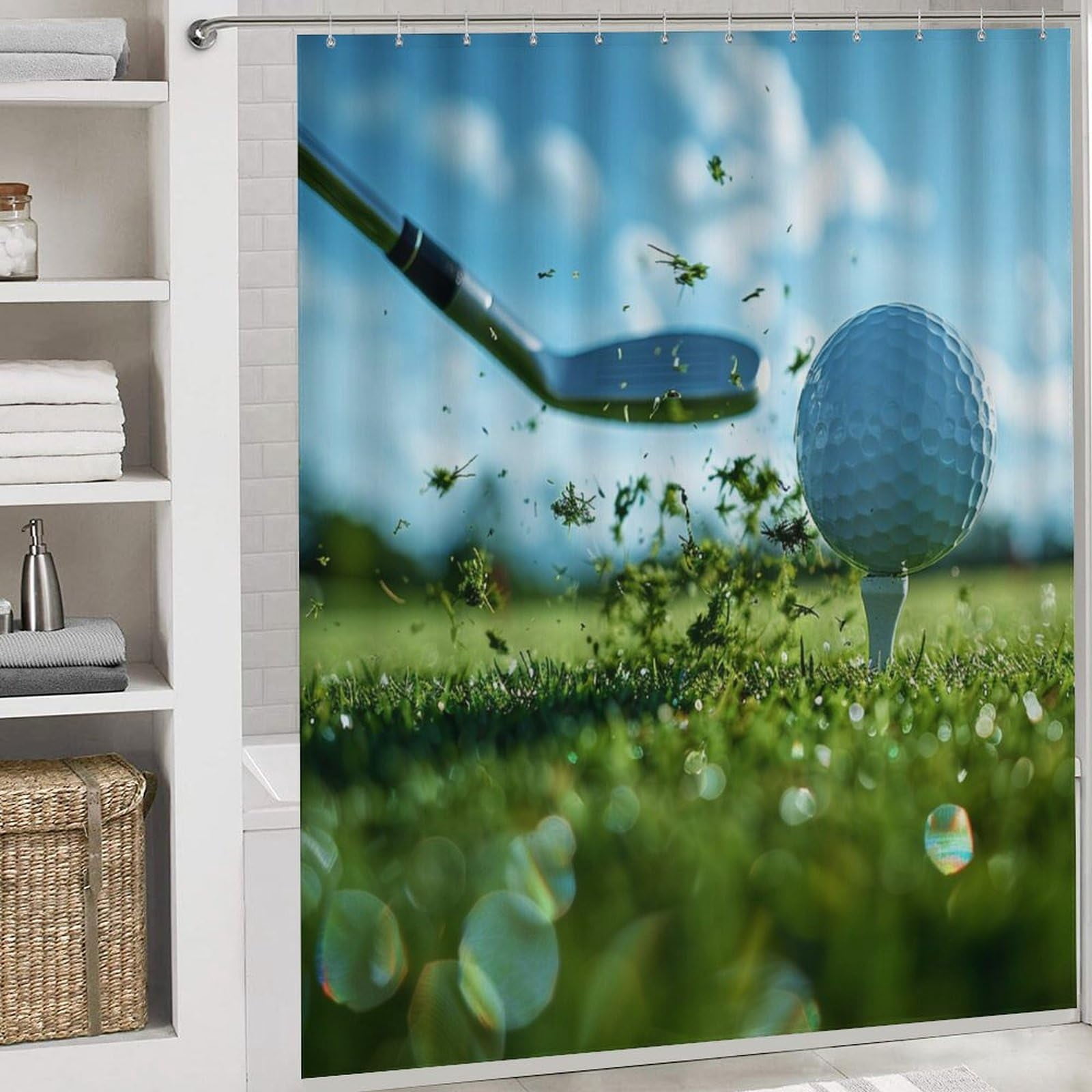 4Pcs Funny Golf Sport Shower Curtain Sets, Bathroom Decor Set with Rugs, Bath Mat Woodland Grassland Golf Ball Shower Curtain, 72 X 72 Inch