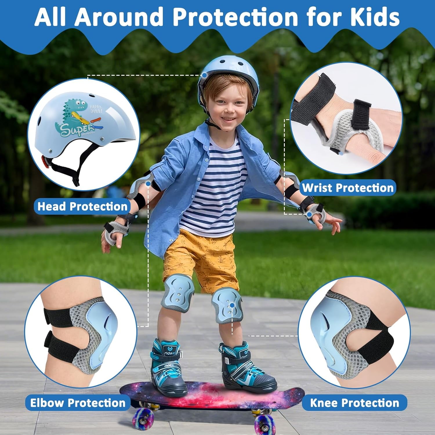 Adjustable Kids Bike Helmet Set with Knee, Elbow and Wrist Pads, Toddler Helmet for Ages 3-5-8-14 Boys Girls, Protective Gear Set for 3-14 Kids & Youth, for Bikes Skateboards Rollerskates