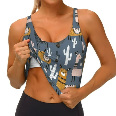 Qokaie Llama and Cactus Pattern Womens Scoop Neck Sports Bra Breathable Workout Vest Padded U Back Medium Impact Fitness Gym Yoga Bra Workout Crop Top