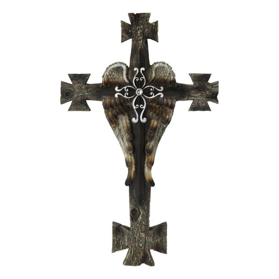 Black Biker Iron Cross With Angel Wings Layered Faux Wooden Wall Cross Plaque