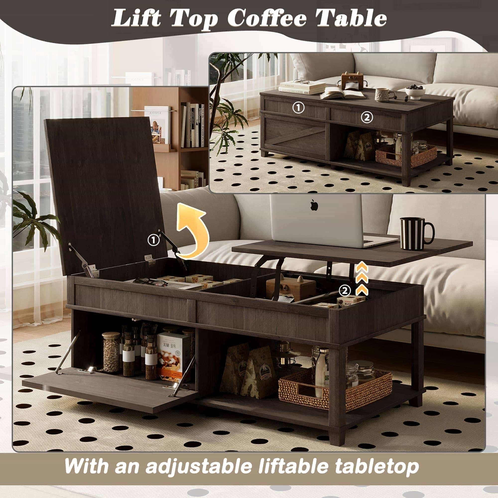 Homy Casa 46.9 in Lift Top Coffee Table with Hidden Storage for Living Room Dark Brown
