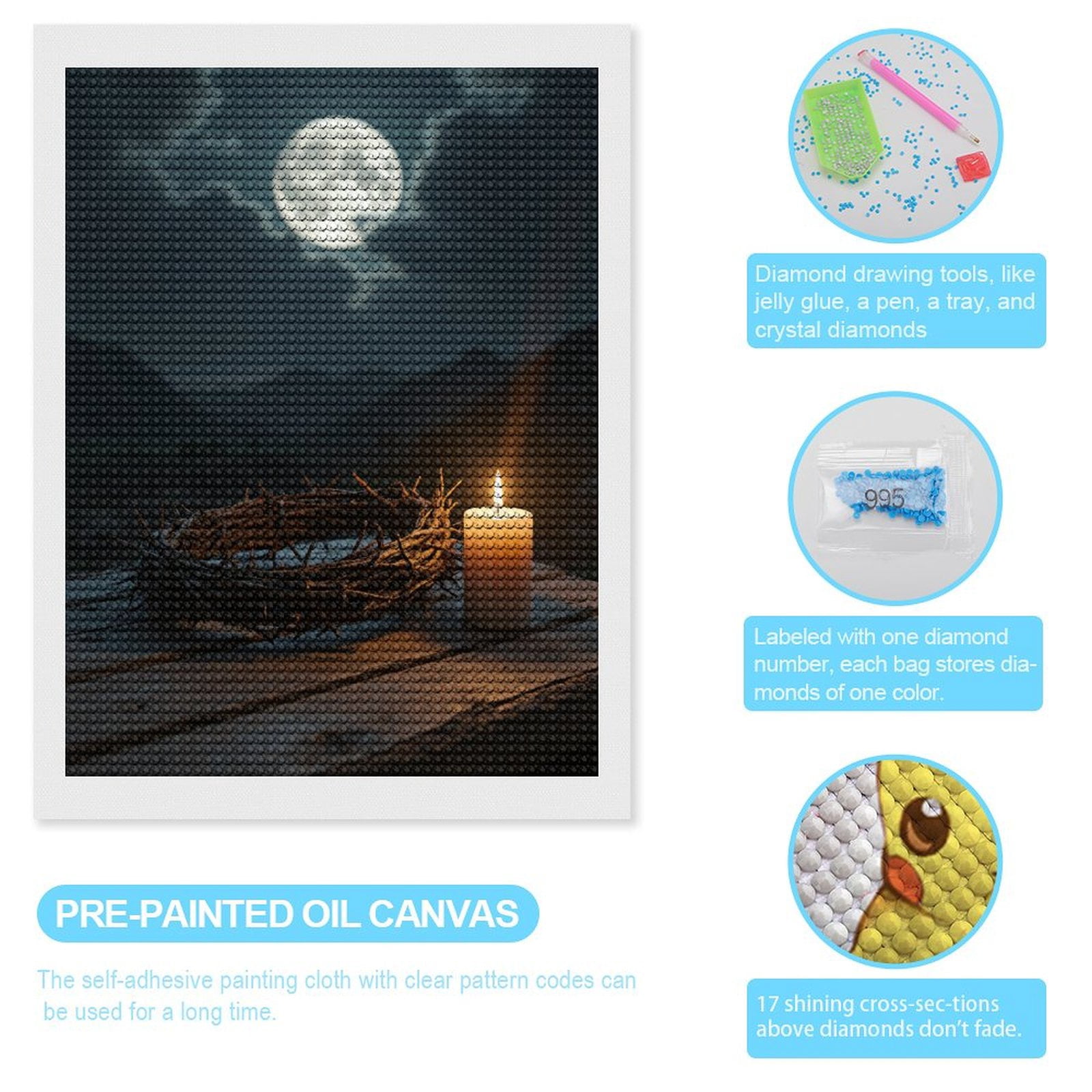 Diamond Art Kits for Adults, Moonlit Night Candle Thorns 5D Diamond Painting Kits for Adults Beginners, DIY Full Drill Diamond Painting, Gem Art and Crafts 12x16