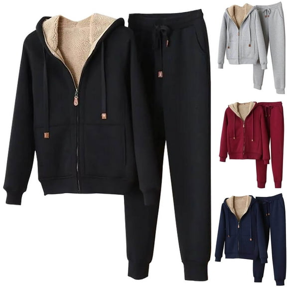 Lovskoo 2024 Women Track Suits 2 Piece Set Fleece Lined Fall Winter Solid Color Long Sleeve Pocket Hooded Coat Trousers Suit Black