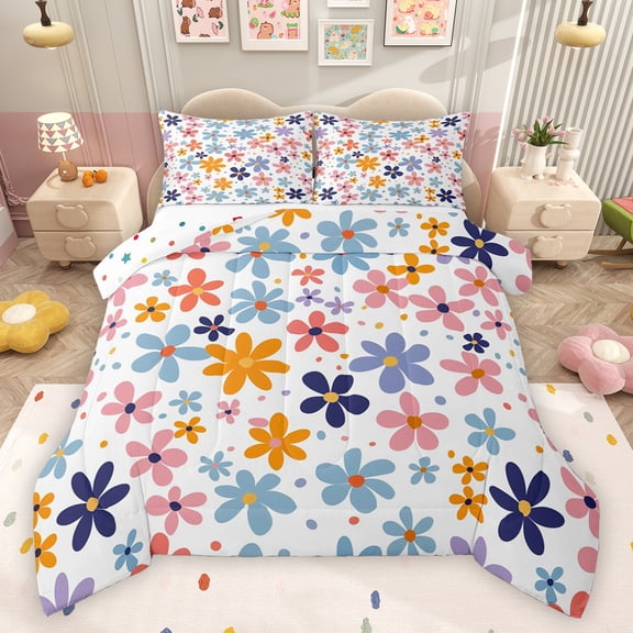Feelyou Cartoon Spring Flower Full Size Comforter Sets, Cherry Blossoms Floral Bedding Comforter Set, Teens Kids Boys Girls Reversible Bedding Sets, Lightweight Room Decor, 3 Pieces