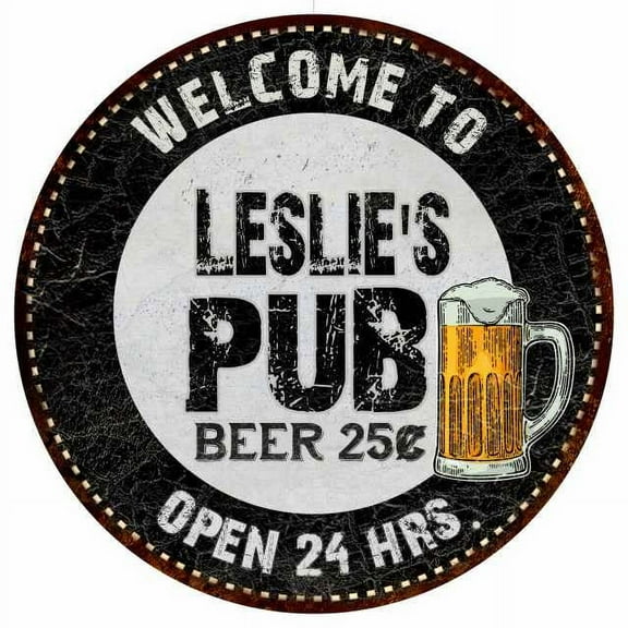Leslie's Pub 14" Round Metal Sign Beer Bar Black Wall Decor Gift 100140039313
