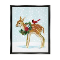 Stupell Industries Snowy Deer Holiday Cardinal Graphic Art Jet Black Floating Framed Canvas Print Wall Art, Design by Laura Marr