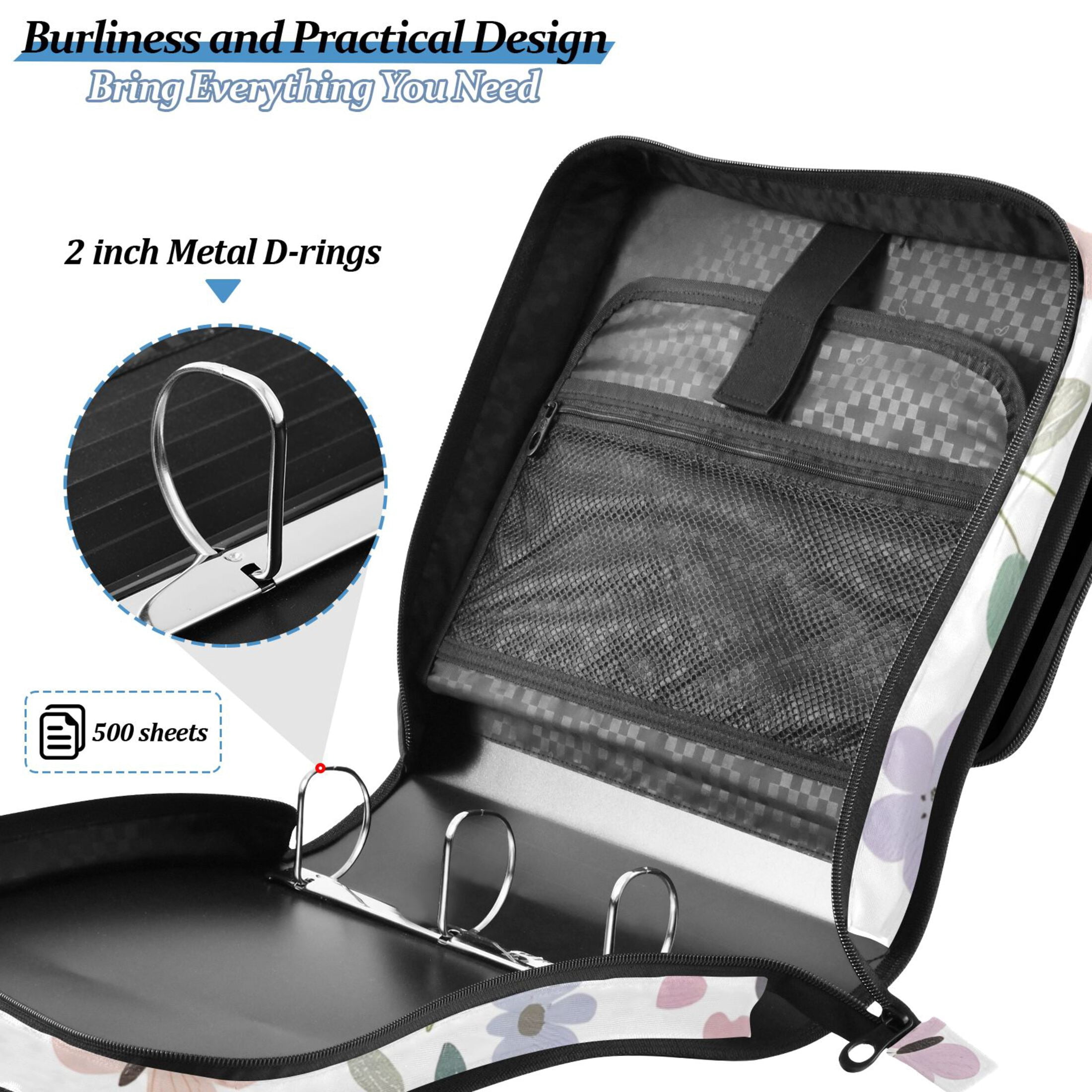 3 Ring Zipper Binder with Shoulder Strap Waterproof Trapper Keeper 2 Inch D-Ring 500 Sheets Capacity Butterflies and Flowers