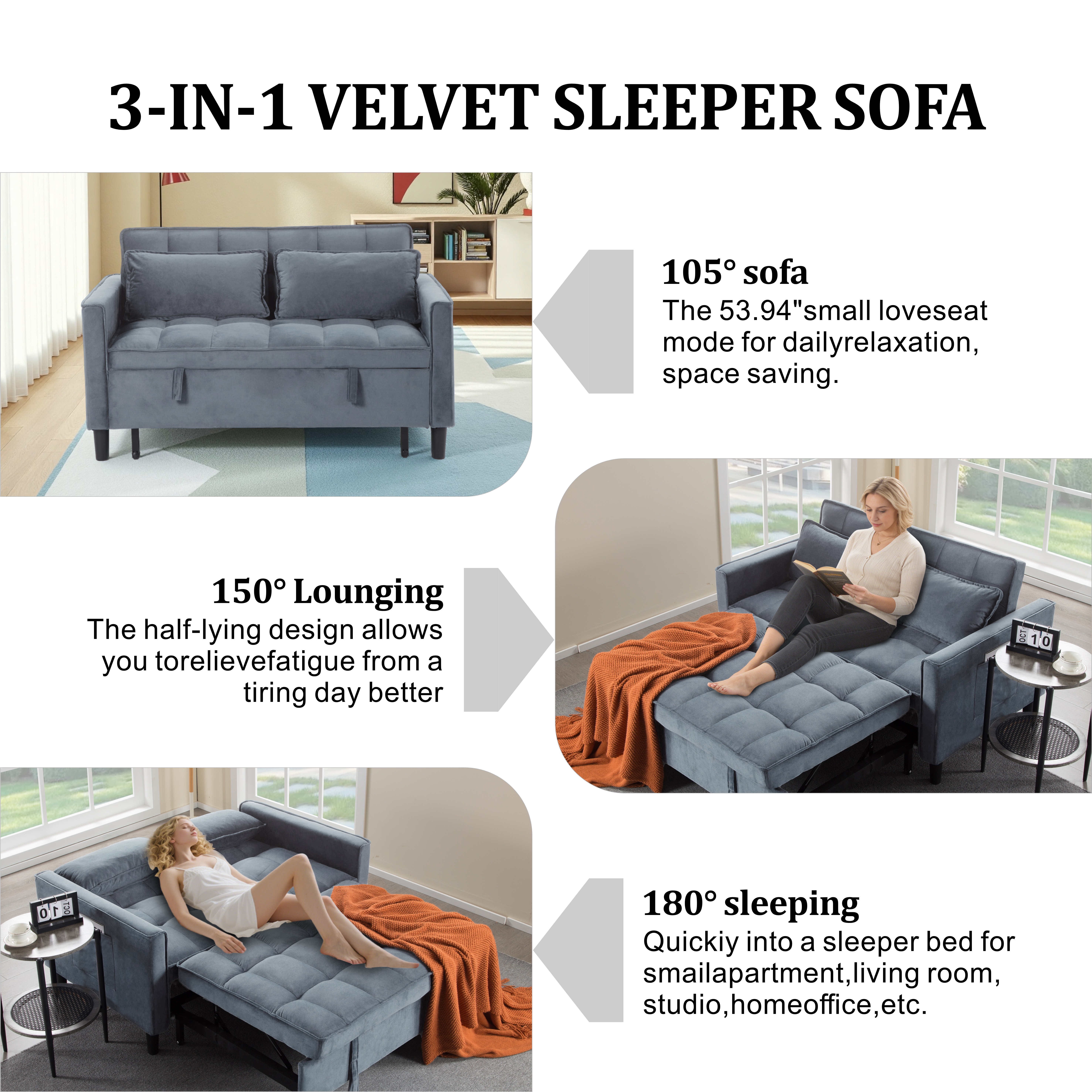 Gewnee 53.94" Convertible Sleeper Sofa, Dark Grey photo 3