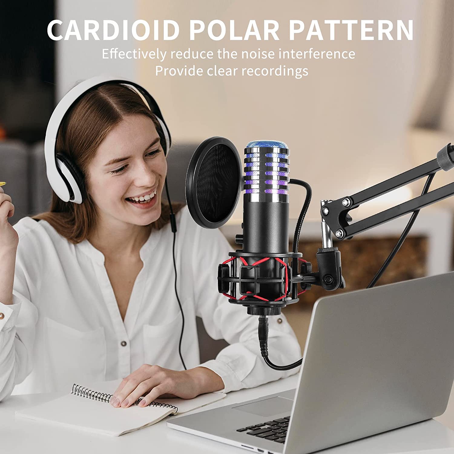 USB Condenser Microphone with  Arm Stand for PC PS4 PS5 Streaming Gaming Podcasting RGB LED Lights