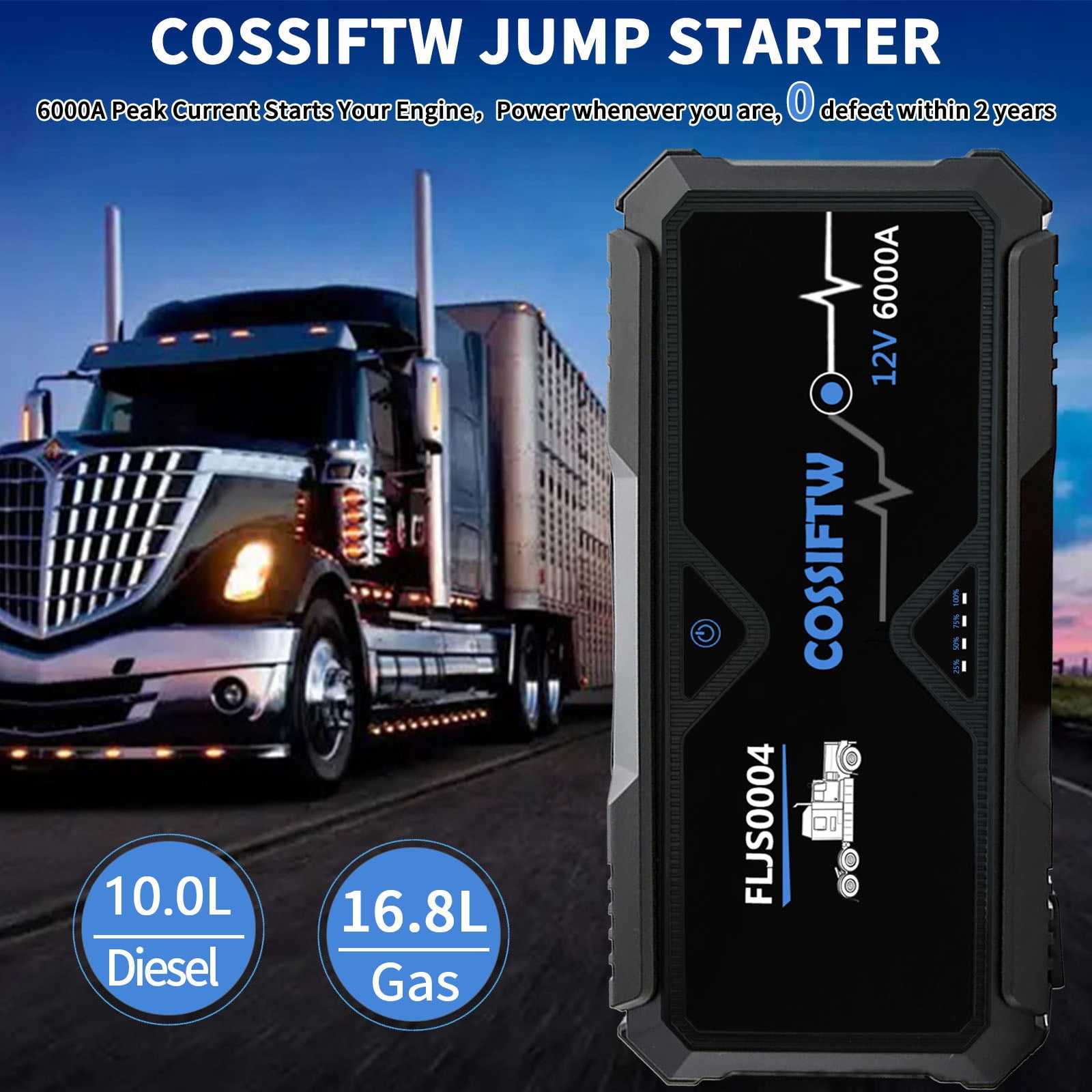 COSSIFTW 6000A Jump Starter Battery Pack Cold Start 6AWG Strong Booster Jumper Wire EC8 Port for 16.8L Gasoline or up to 14.8L Diesel, Passenger Car Motorcycle ATV UTV Truck Van RV Watercraft Tractor