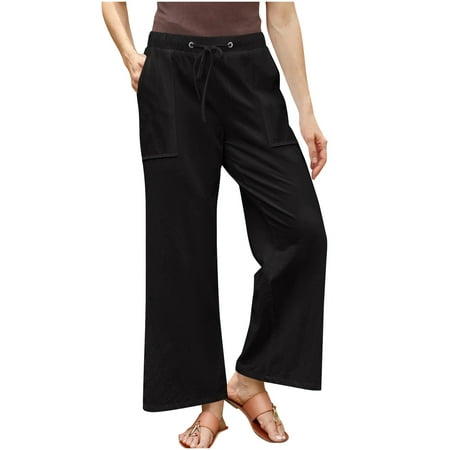 CLOISE Linen Pants for Women with Pockets Plus Size Drawstring Long Pants Beach Solid Baggy Trousers Vacation Clothes
